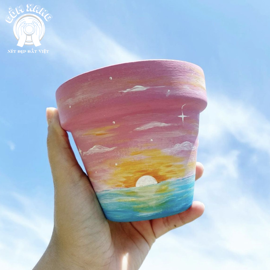 Chậu cây gốm handmade vẽ tay